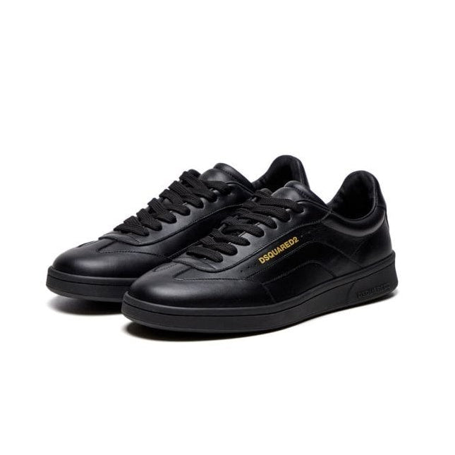 Full Black Leather Gold Logo Trainers