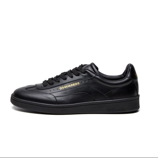 Full Black Leather Gold Logo Trainers