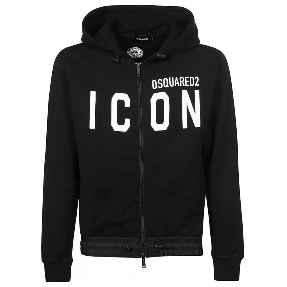 Cotton Printed Icon Logo Black Zip Hoodie