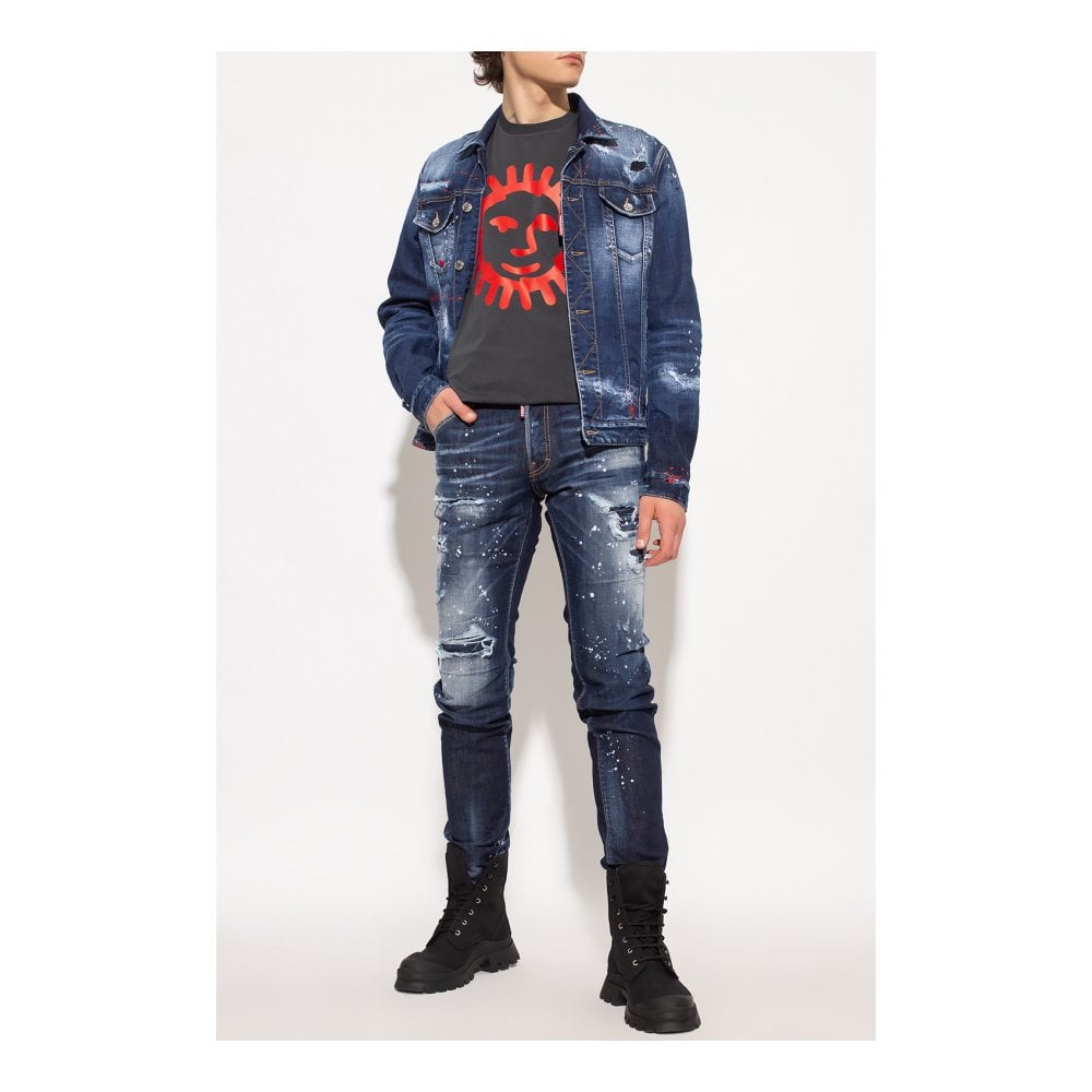 Cotton Rip and Repar Mid Wash Paint Splatter Cool Guy Jeans