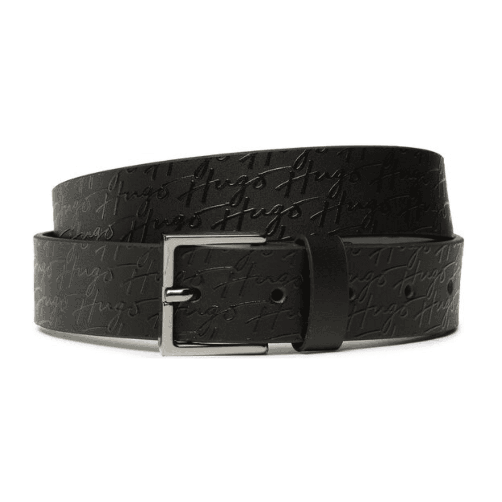 Handwritten Allover Logo Buckle Leather Black Belt