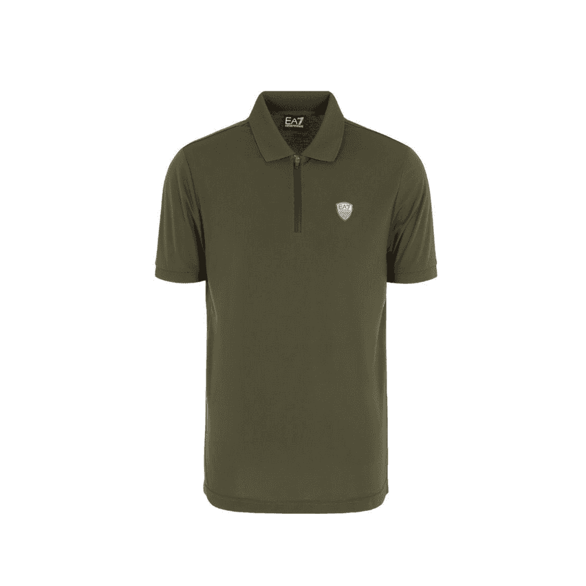 Cotton Badge Logo Quarter Zip Green Polo Shirt