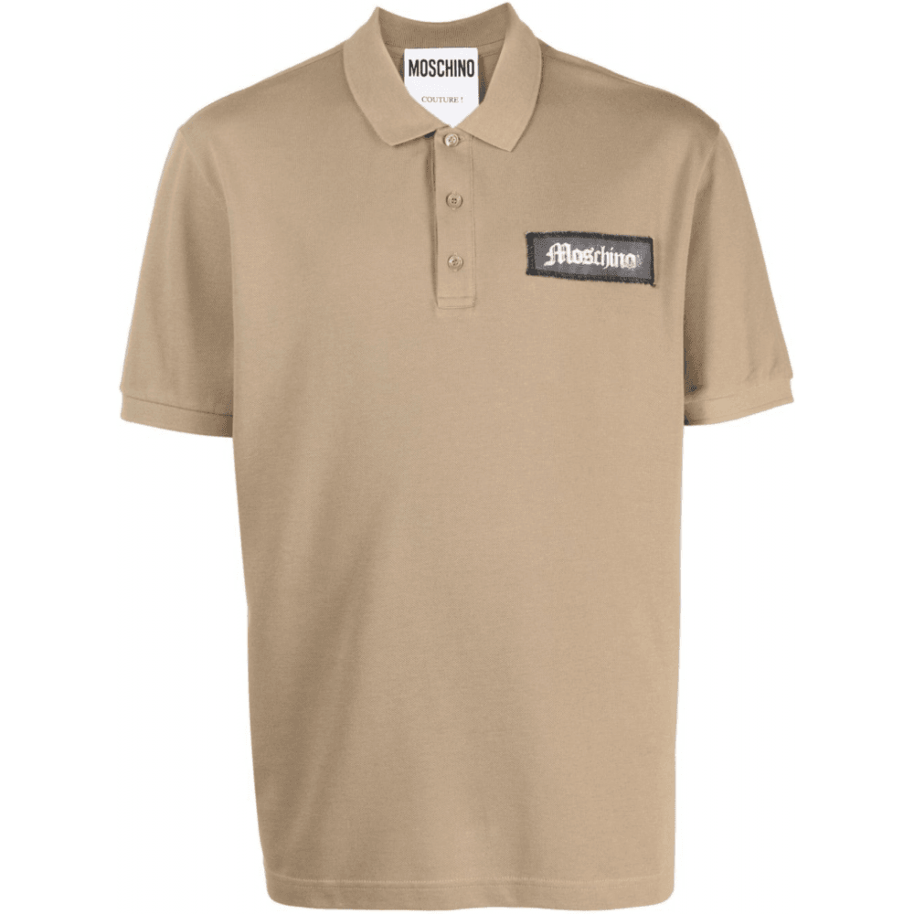 Cotton Collar Logo Button Up Beige Polo Shirt