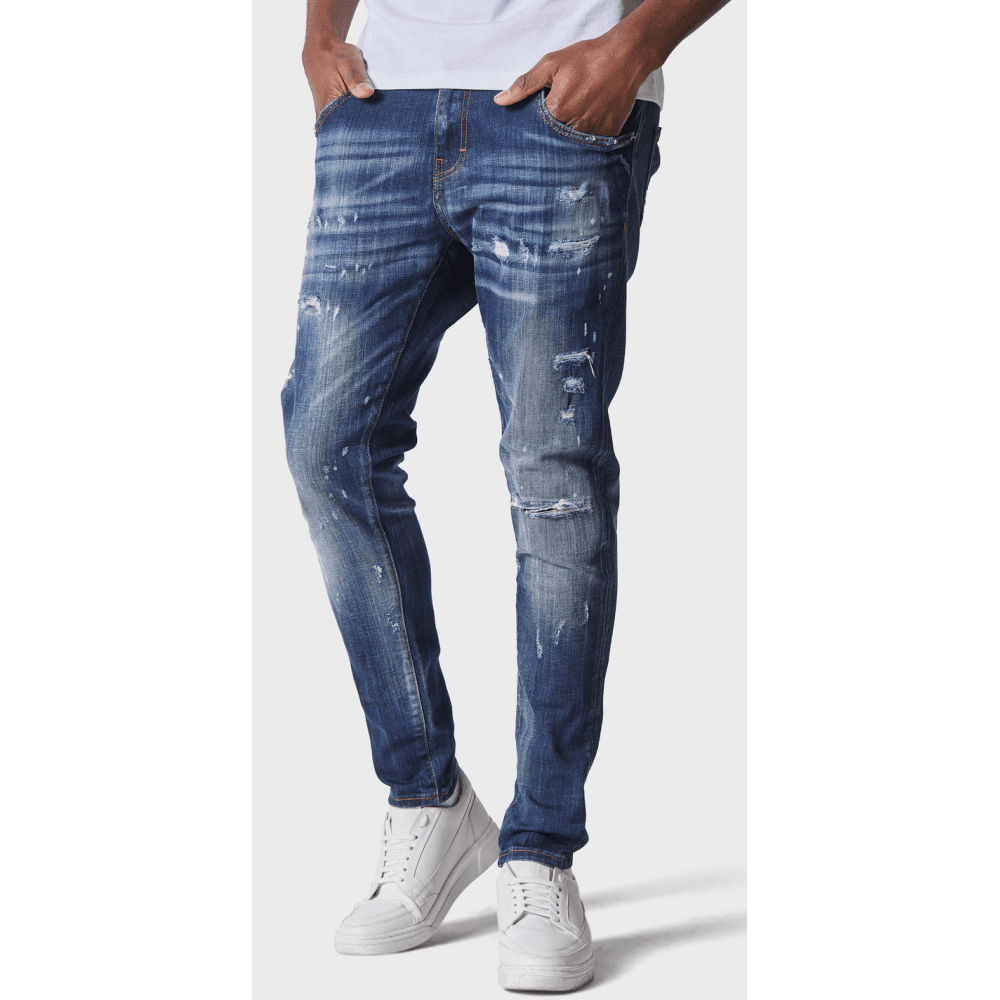 LAT 977 Slim Fit Dark Blue Ripped Wash Jeans