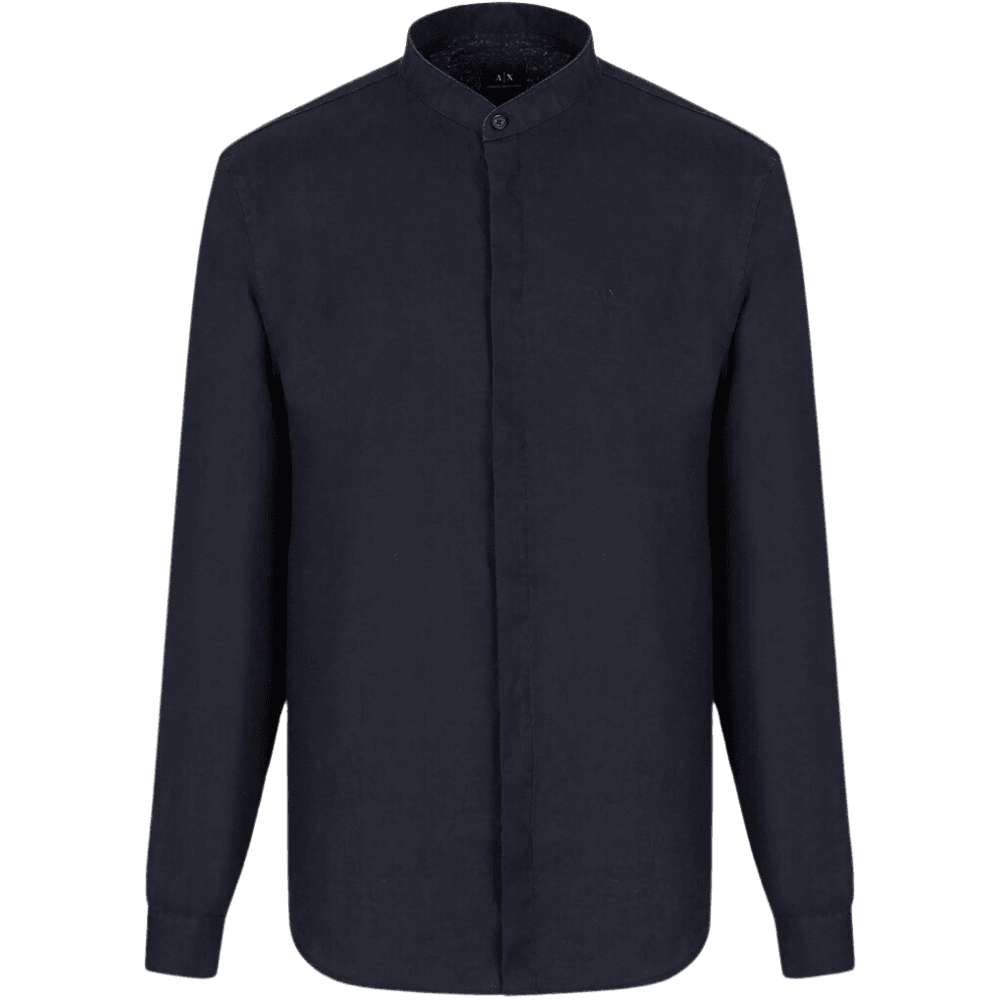 Grandad Collar Linen Navy Shirt