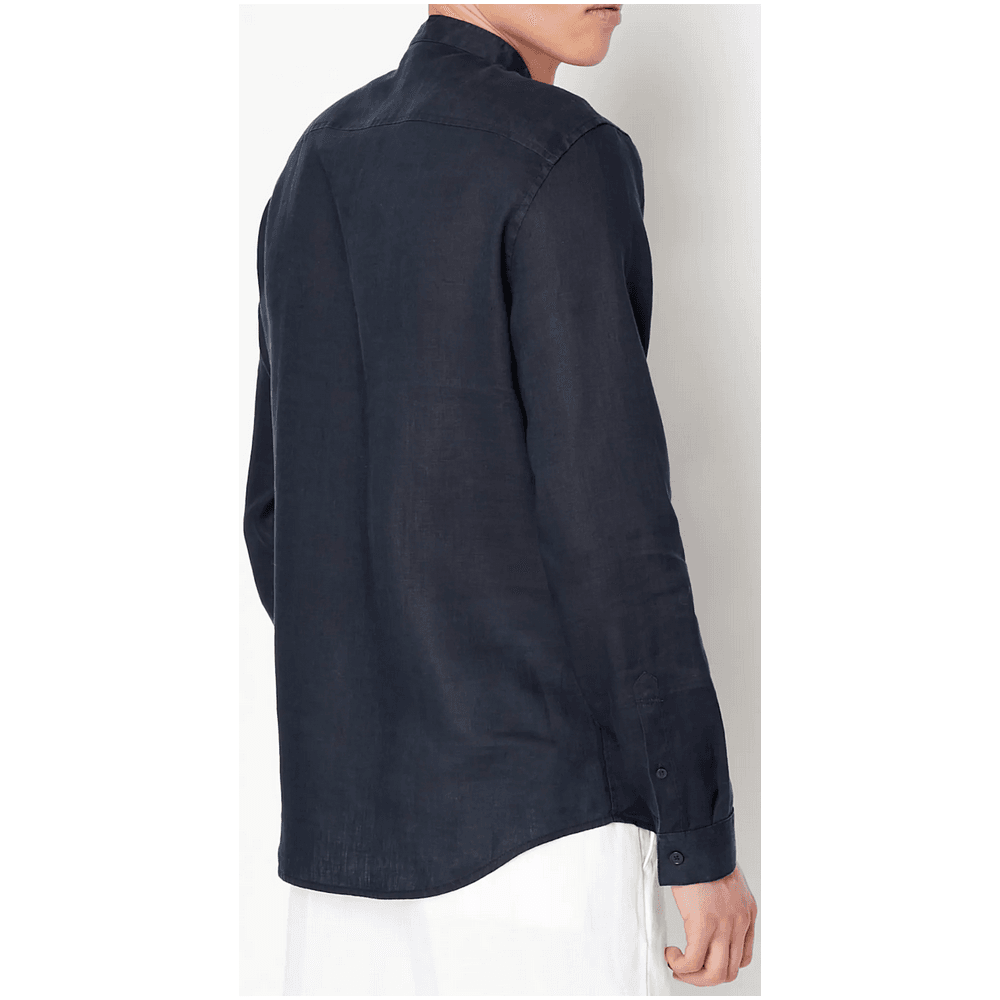 Grandad Collar Linen Navy Shirt