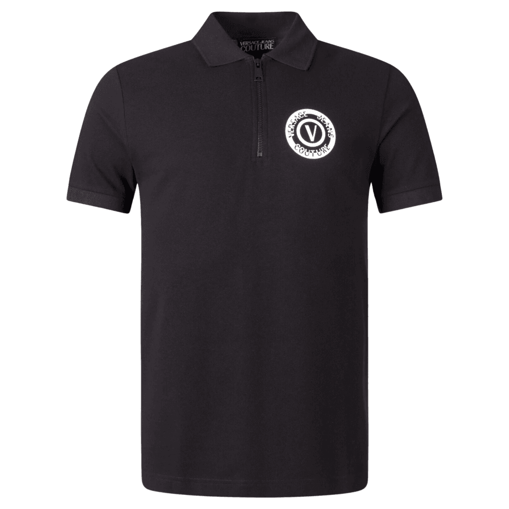 Cotton Printed Logo Zip Black Polo Shirt