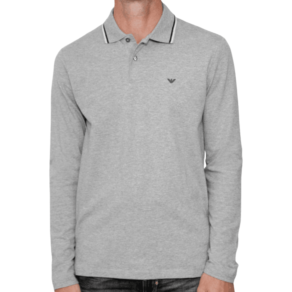 Cotton Striped Collar Grey Long Sleeve Polo Shirt
