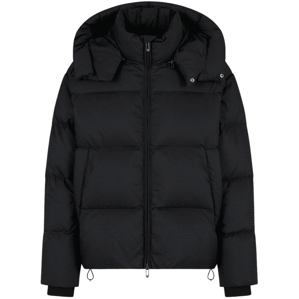 Jacquard Nylon Allover Logo Black Puffer Jacket