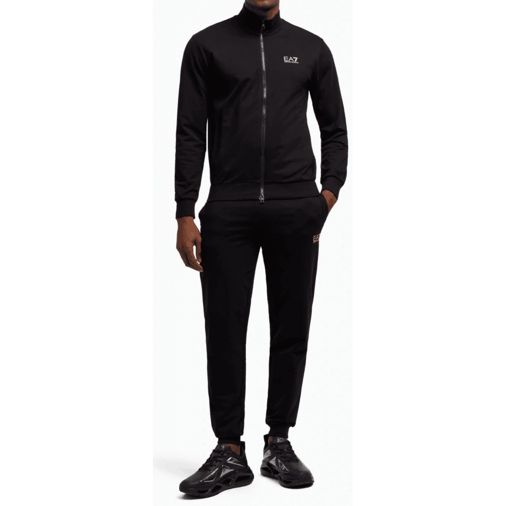 Zip Up Funnel Neck Black/White Cotton Tracksuit