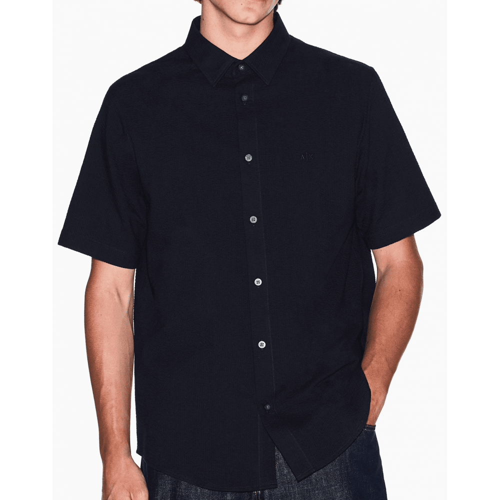 Seersucker Textured Short Sleeve Navy Shirt