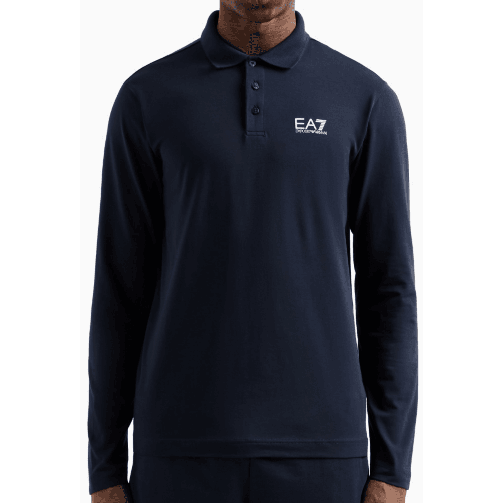 Long Sleeve Pique Cotton Navy Polo Shirt