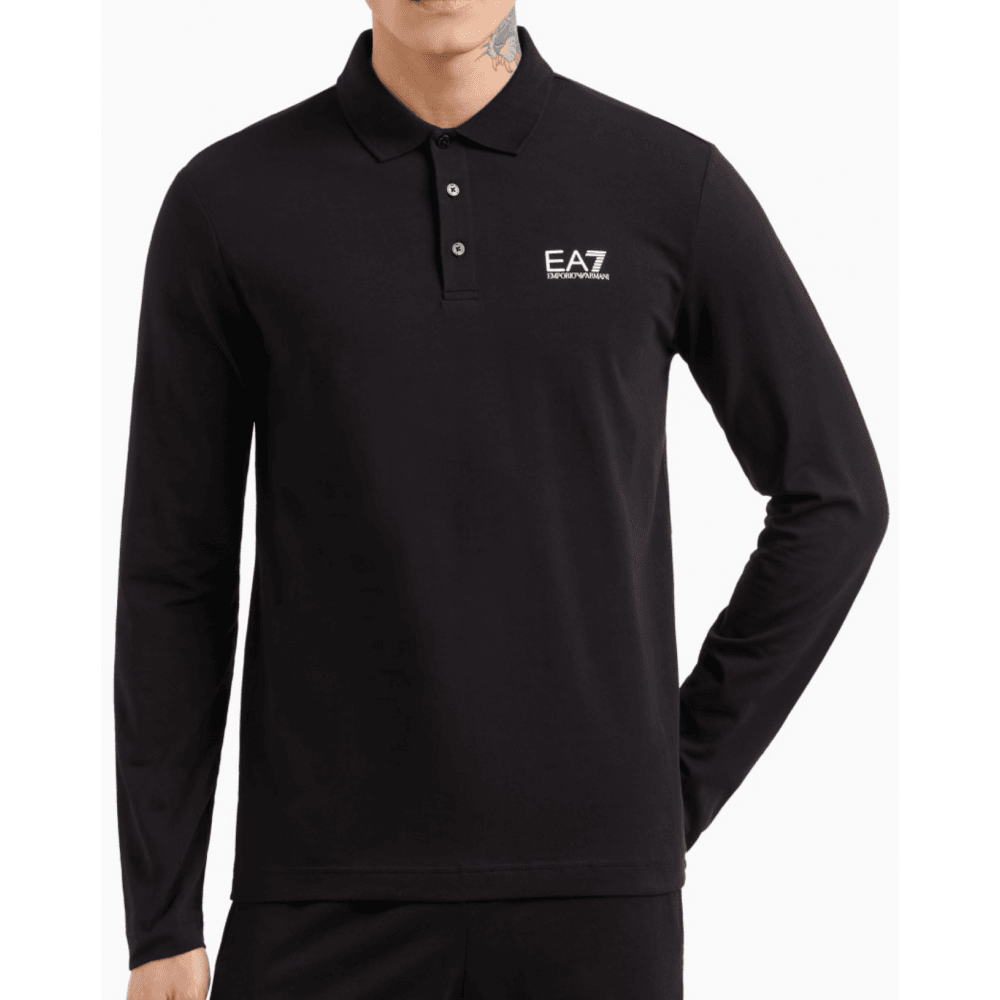 Long Sleeve Pique Cotton Black Polo Shirt