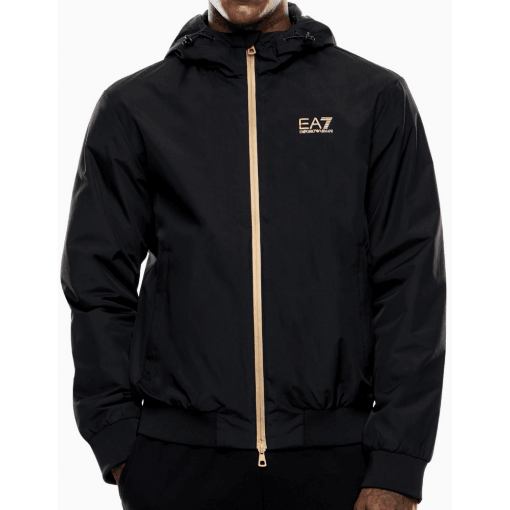 Technical Fabric hooded Black/Gold Bomber Jacket
