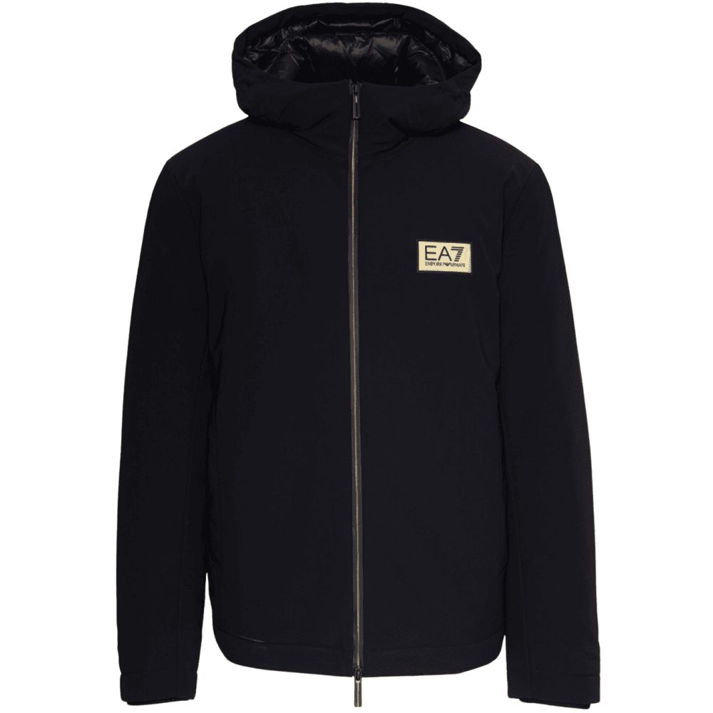 Gold Plaque Hooded Black Puffer Jacket