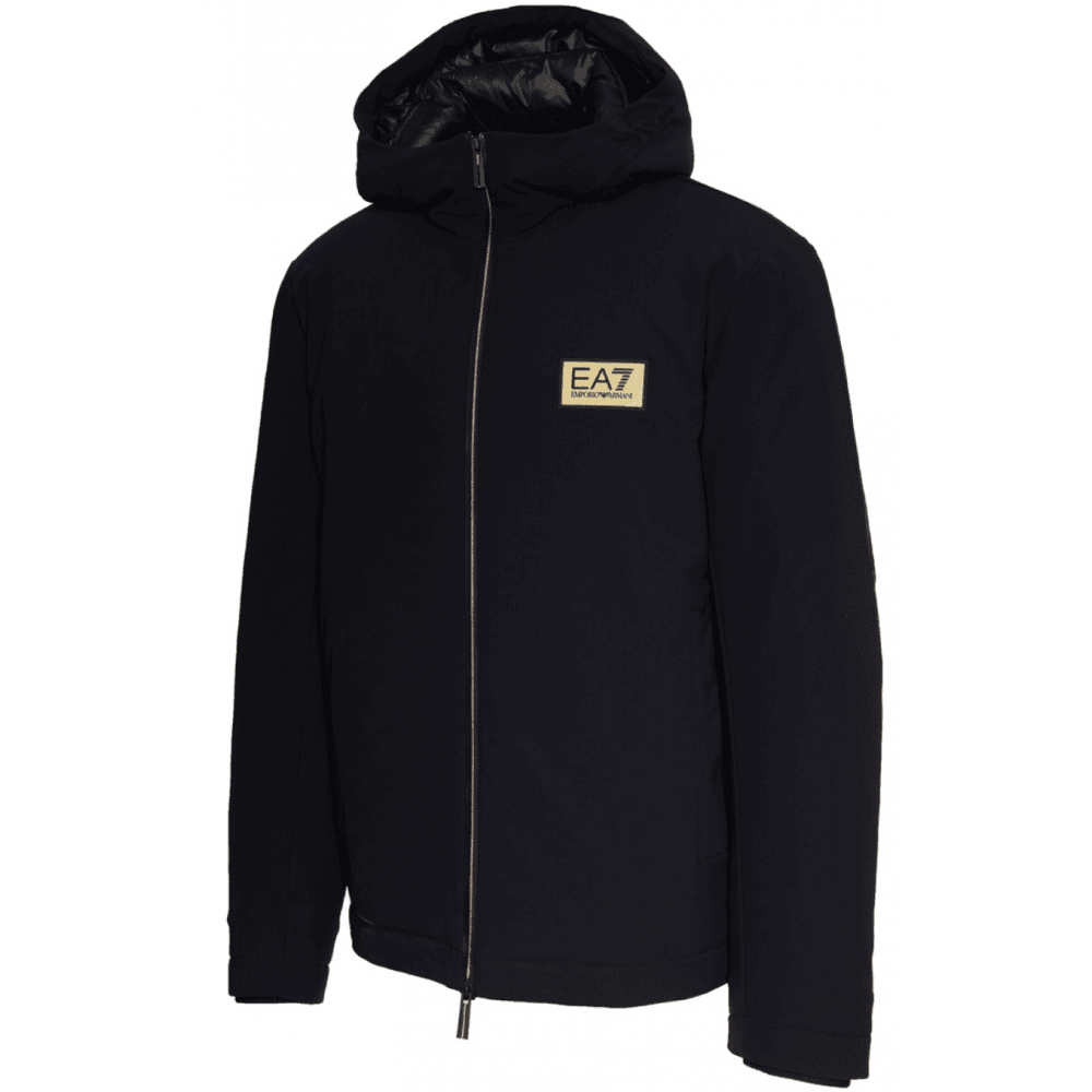 Gold Plaque Hooded Black Puffer Jacket