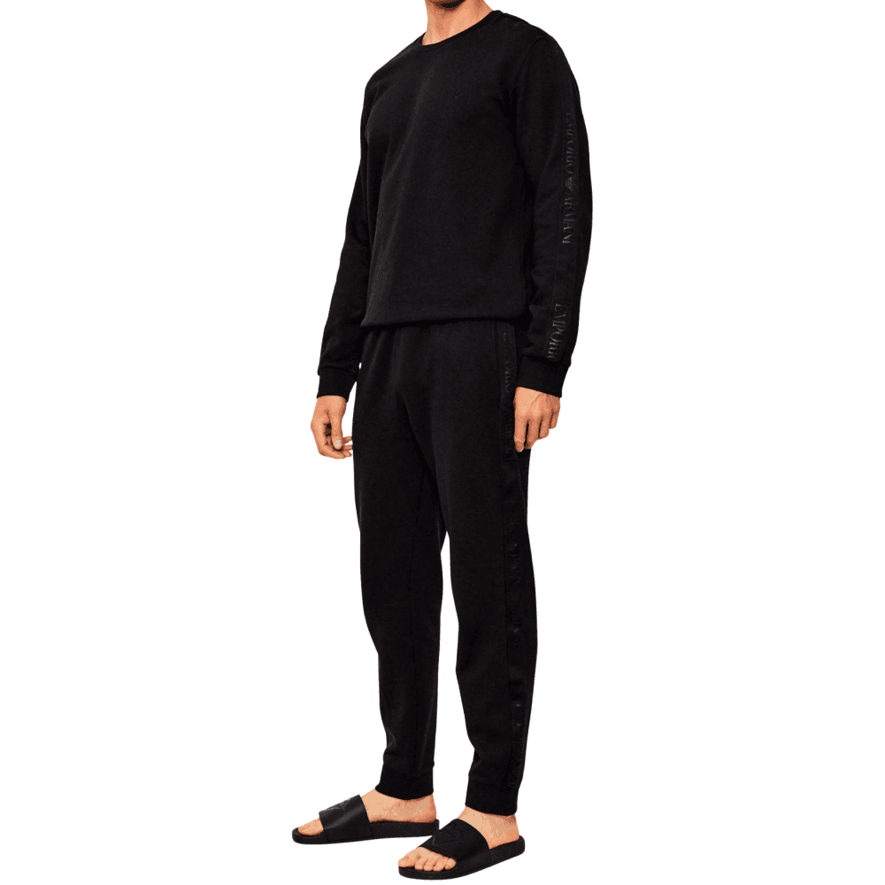 Crew Neck Tape Logo Black Tracksuit