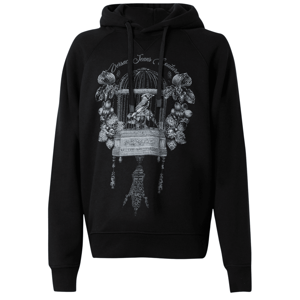 Loose Fit Studded Bird Logo Black Hoodie