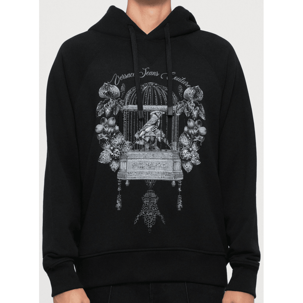 Loose Fit Studded Bird Logo Black Hoodie
