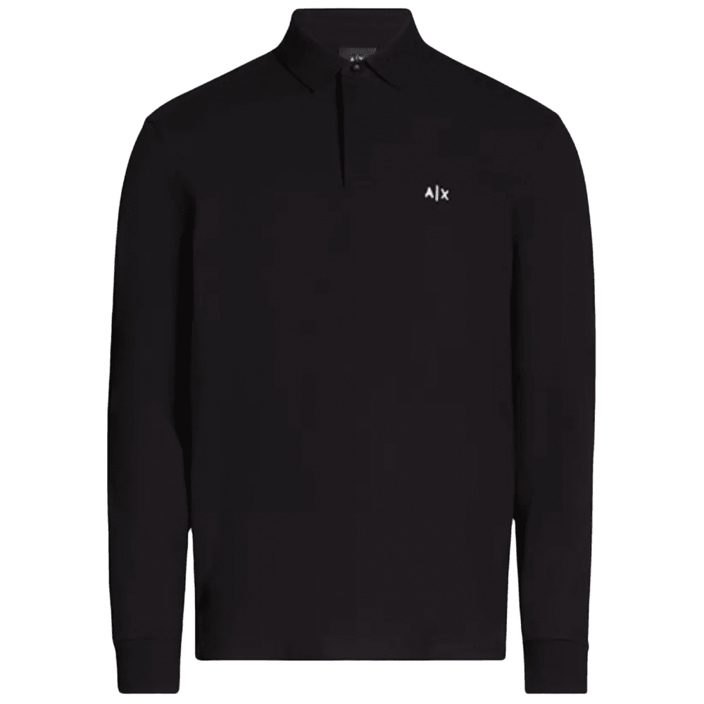 Embroidered Logo Pique Long Sleeve Black Polo-Shirt
