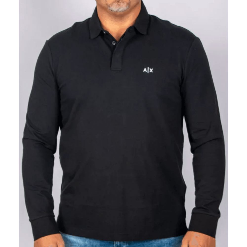 Embroidered Logo Pique Long Sleeve Black Polo-Shirt