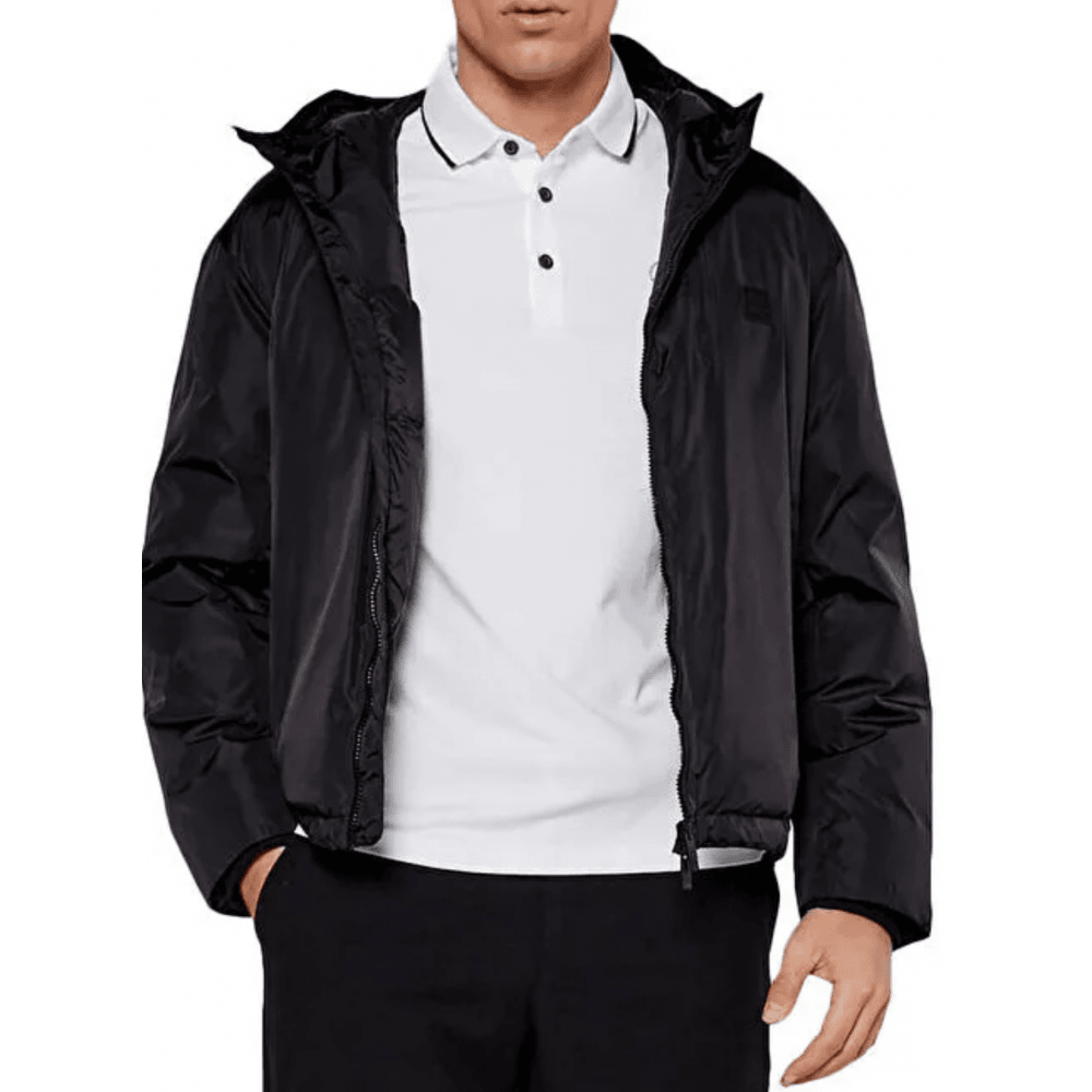 Nylon Zip Up Hooded Black Puffer Jacket