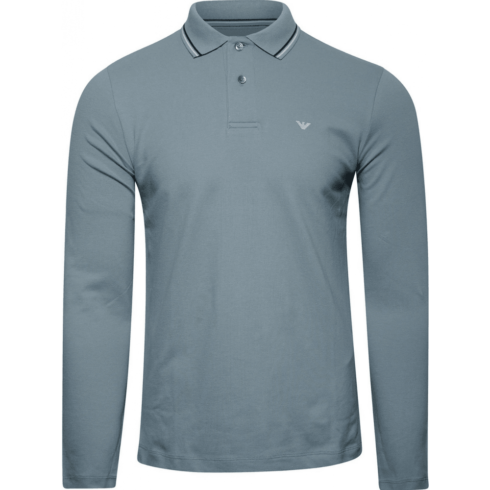 Cotton Striped Collar Light Green Long Sleeve Polo Shirt