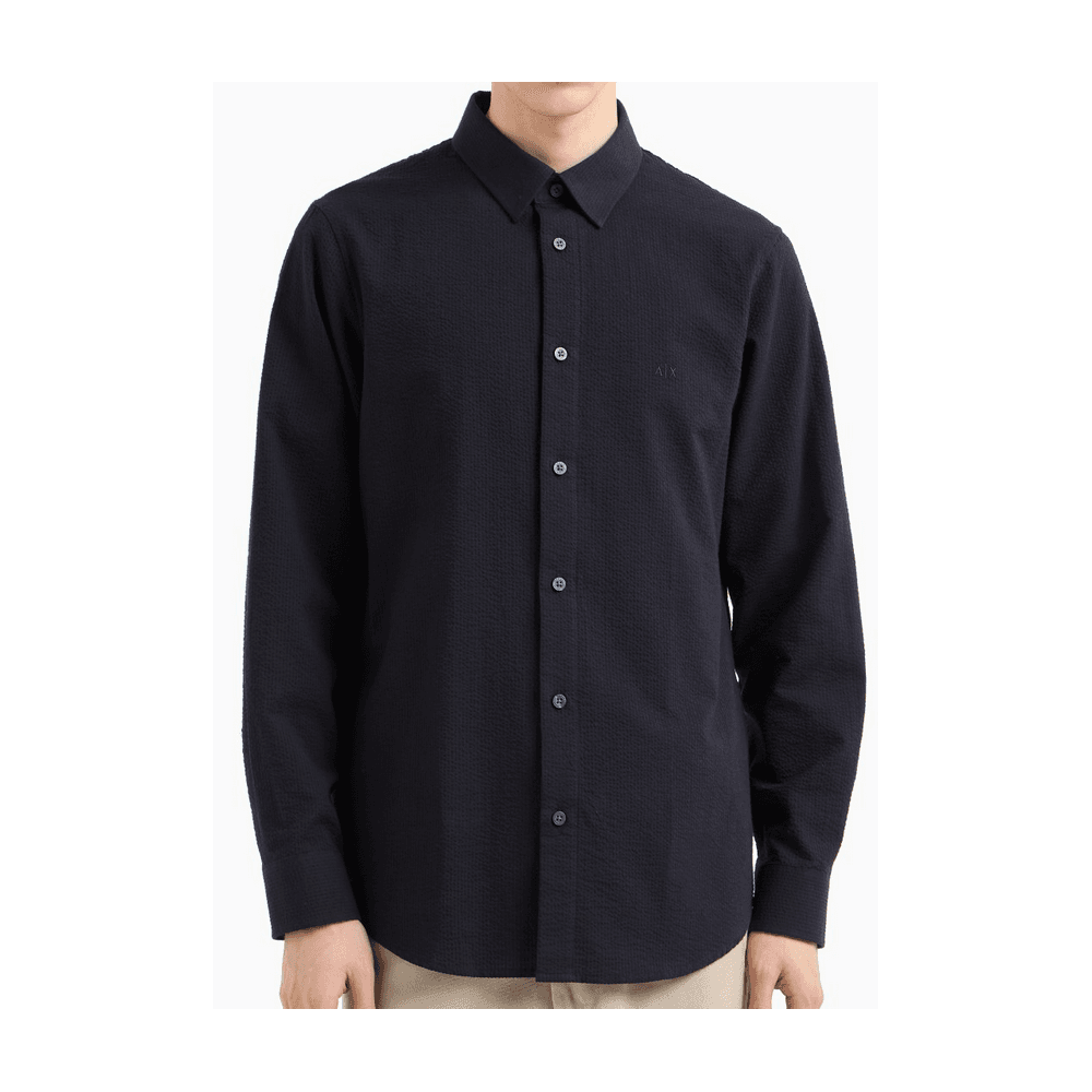 Seersucker Textured Long Sleeve Navy Shirt