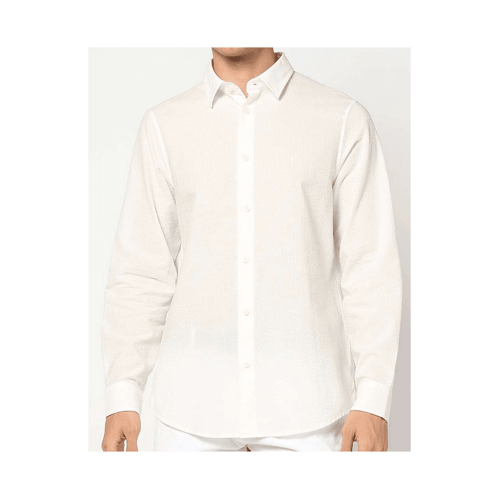 Seersucker Textured Long Sleeve White Shirt