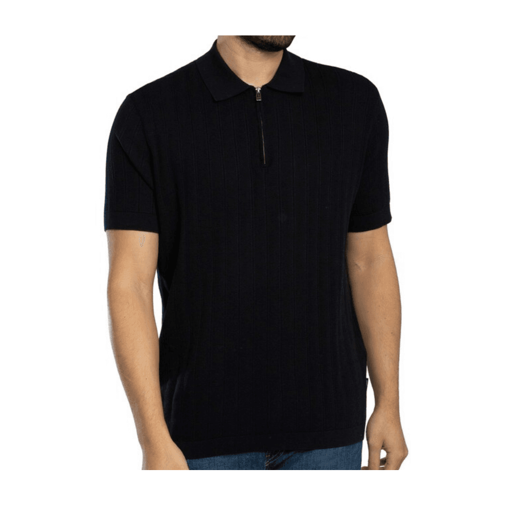 Regular Fit Textured Knitted Navy Zip Polo Shirt