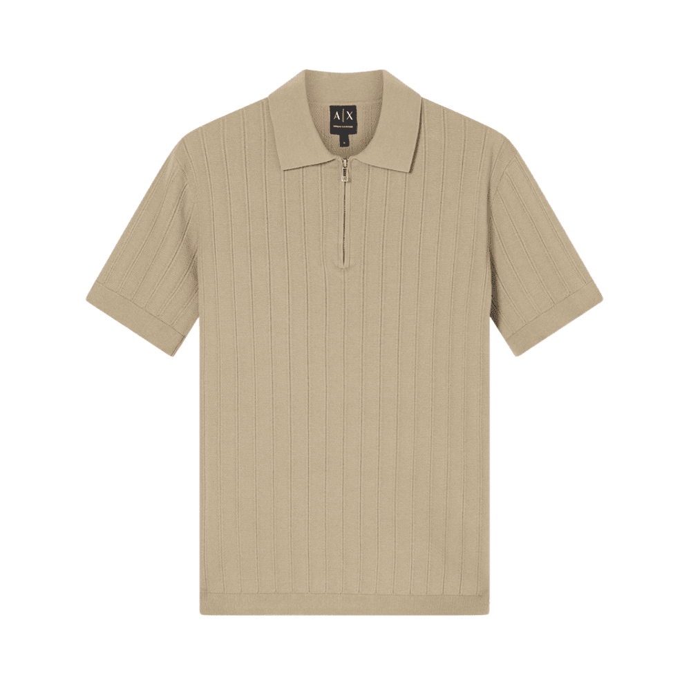 Regular Fit Textured Knitted Beige Zip Polo Shirt