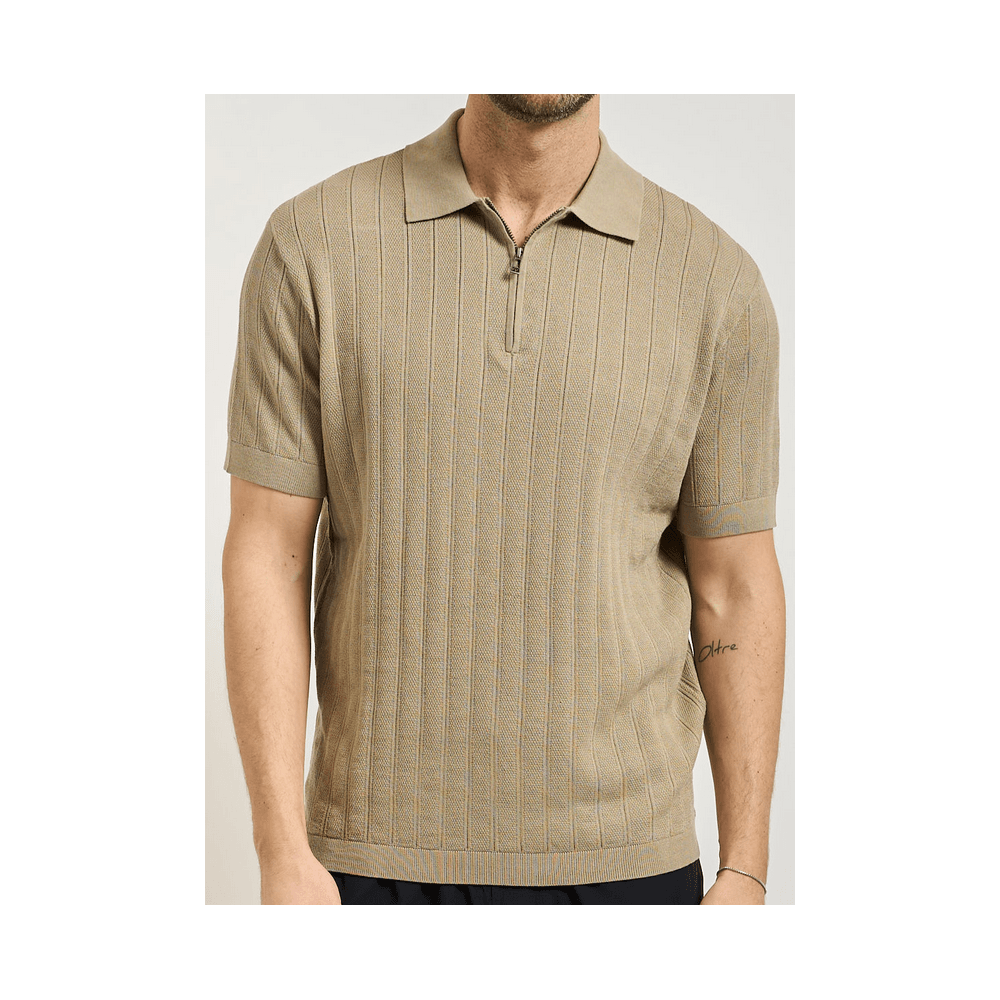 Regular Fit Textured Knitted Beige Zip Polo Shirt