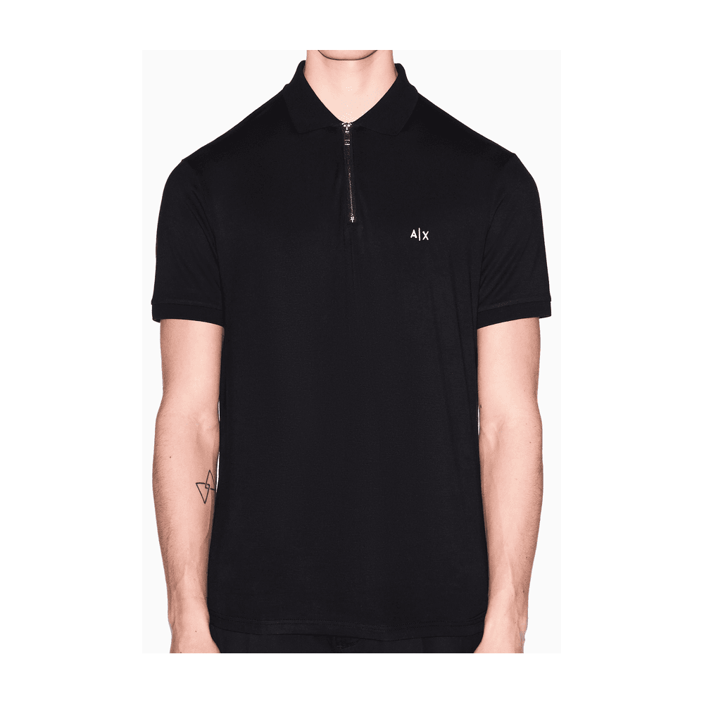 Slim Fit Stretch Technical Black Zip Polo Shirt