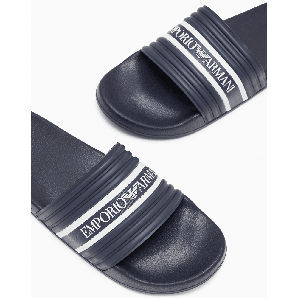 Tape Logo Navy Rubber Sliders